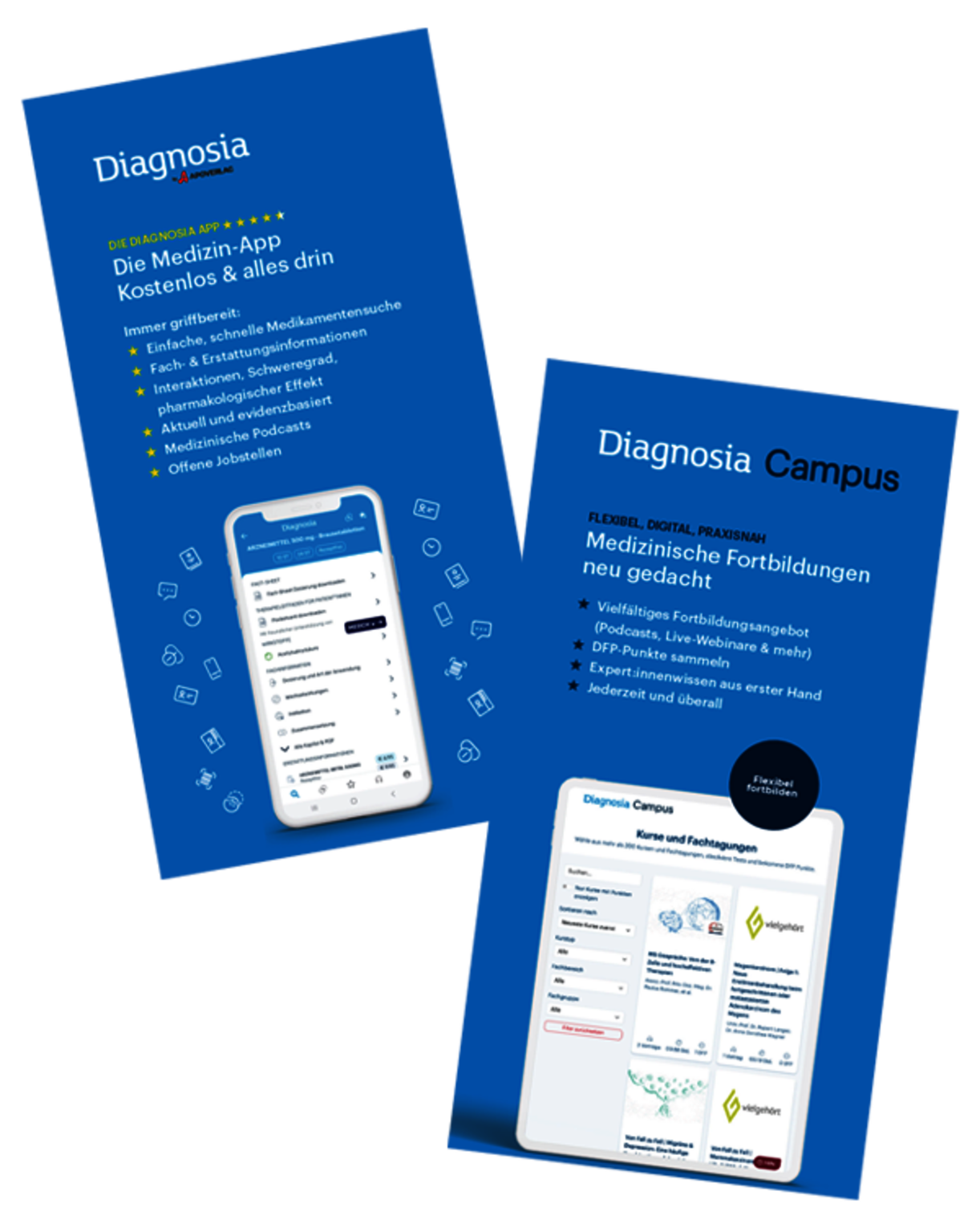 Abbildung eines Smartphones und Tablets mit Textinformationen auf hellblauem Hintergrund