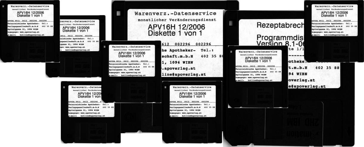 Darstellung der unterschiedlichen Disketten, die für das DOS-Betriebssystem für das POS-System benötigt wurden.