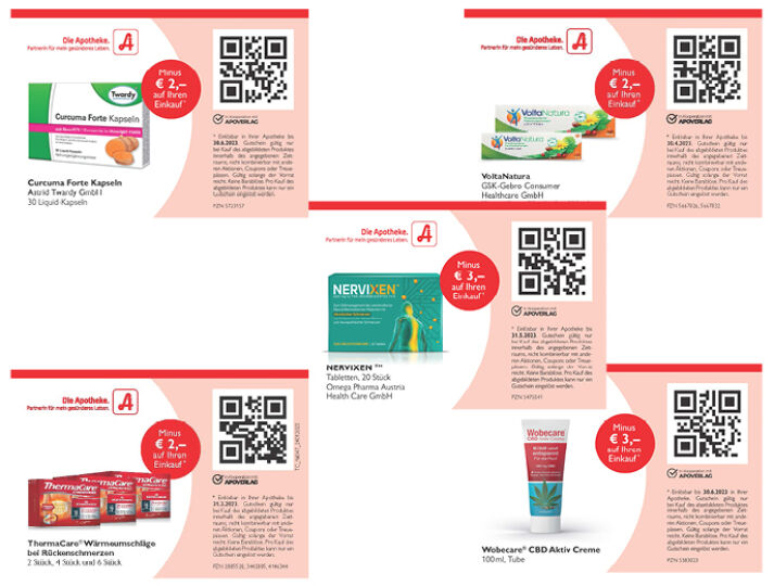 Couponing Aktionen März 2023 Couponing Aktionen März 2023 - Collage aller Coupons, die in "Deine Apotheke" im März erscheinen: Curcuma Forte Kapseln, VoltaNatura, Nervixen, ThermaCare und Wobecare.